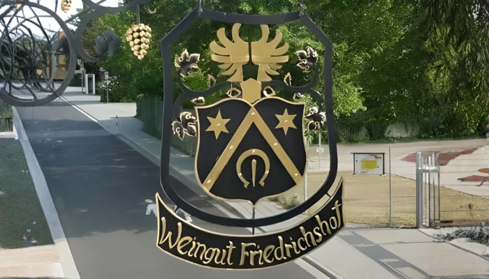 Wappen am Eingang zum Weingut Friedrichshof