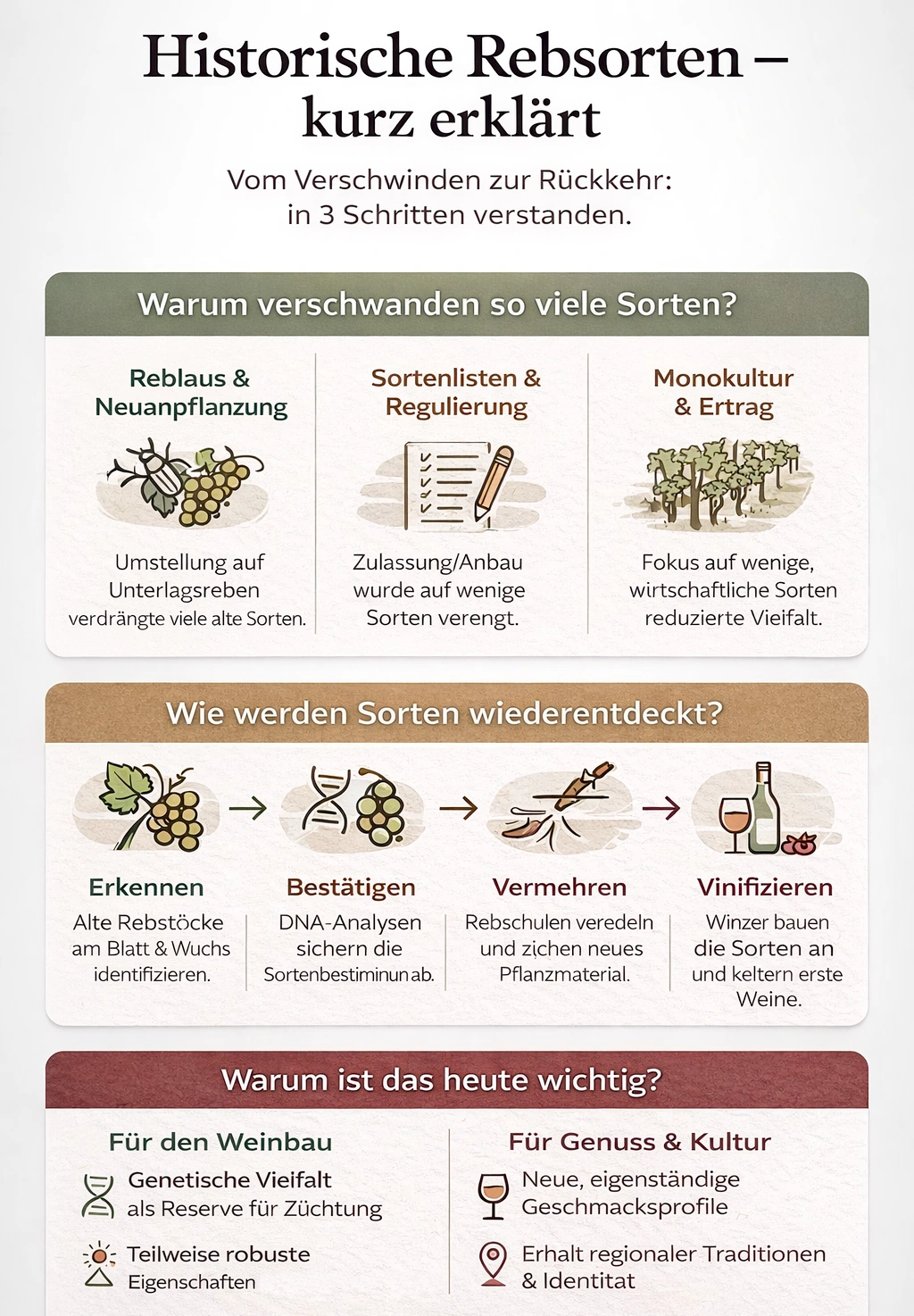 Historische Rebsorten - Verschwinden und Wiederentdeckung - Infografik