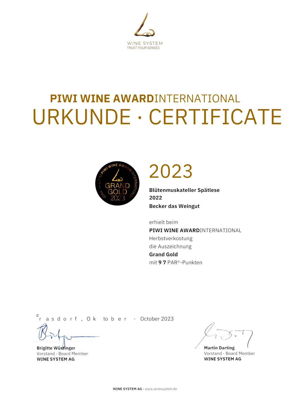 Piwi Wein-Award - Becker das Weingut