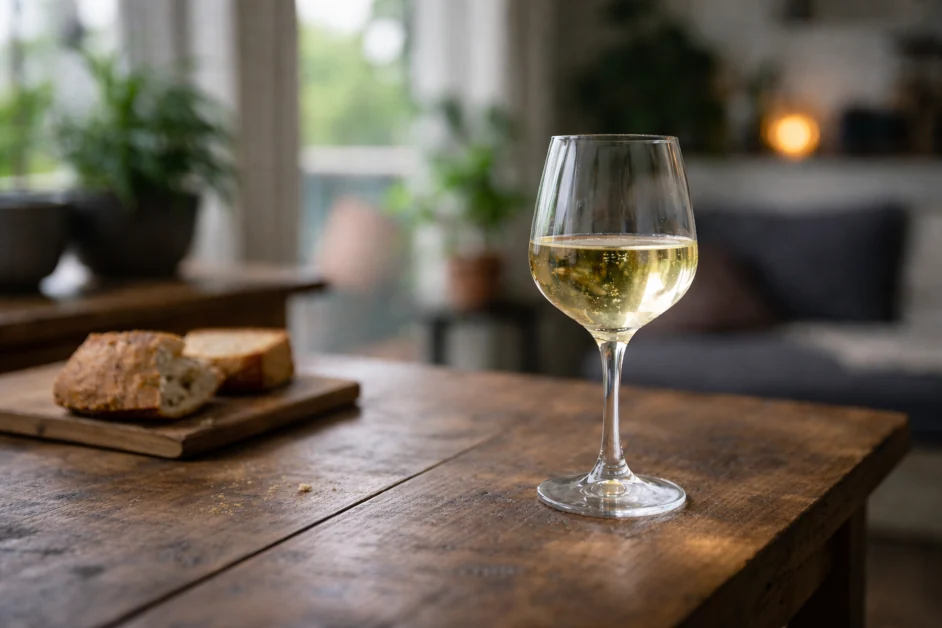 Weißweinglas auf Küchentisch