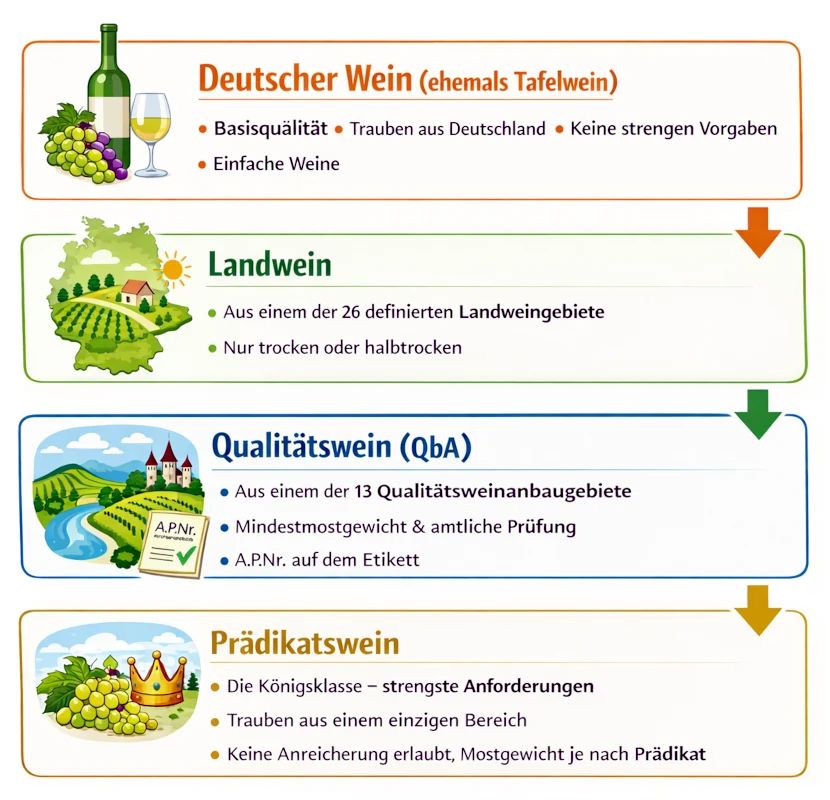 Tafelwein, Landwein, Qualitätswein, Prädikatswein